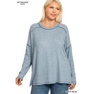 Zenana Full Size Melange‎ Hacci Exposed Seam Hi-low Tee Plus Size